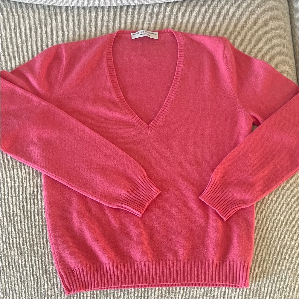 Brunello Cucinelli Bright Pink V-Neck Cashmere Sweater S